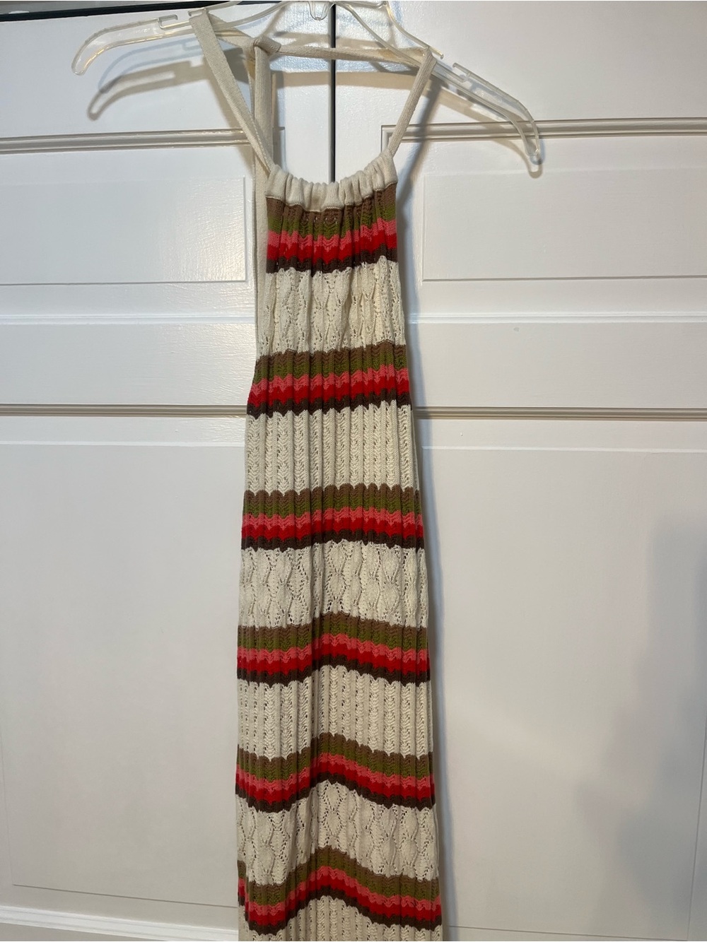 Sleeveless Striped Knit Maxi Dress in Cream with Red & Olive Stripes
